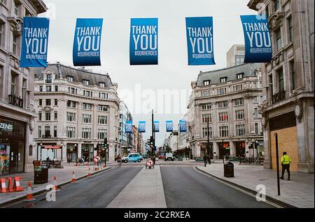 Deserted Oxford Circus, central London UK, on Saturday the 6th June 2020 during the coronavirus lockdown Stock Photo