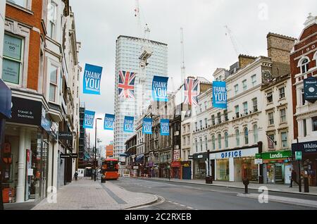 Oxford Street in London's West End during the coronavirus lockdown, looking east towards Centrepoint, on Saturday the 6th June 2020 Stock Photo
