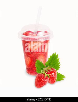 Strawberry lemonade isolated on white background. Refreshing water. Stock Photo