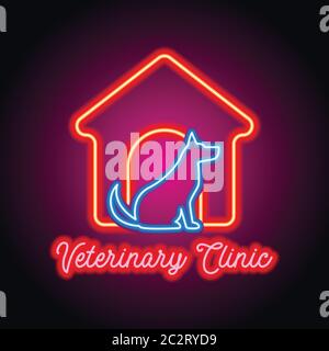 veterinary clinic advertisement plank for animal and veterinary hospital with neon light effect. vector illustration Stock Vector