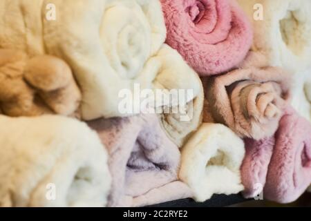 different types of Artificial fur in the store. fur fabric Stock Photo