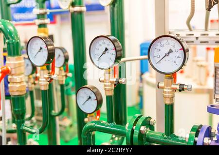 Heating unit with manometers on the factory Stock Photo