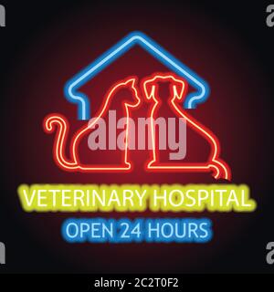 veterinary clinic advertisement plank for animal and veterinary hospital with neon light effect. vector illustration Stock Vector