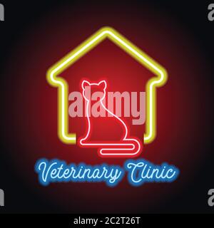 veterinary clinic advertisement plank for animal and veterinary hospital with neon light effect. vector illustration Stock Vector