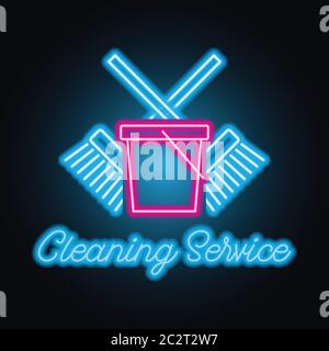 cleaning service logo for home and office service with neon light effect. vector illustration Stock Vector