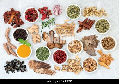 Super food collection for good health, vitality and fitness including herbs and spice used in natural and chinese herbal medicine. Flat lay. Stock Photo