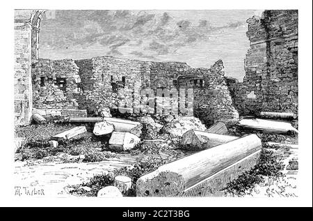 Pink Syenite Columns of the Crusader Cathedral Ruins in Tyre, Lebanon, vintage engraved illustration. Le Tour du Monde, Travel Journal, 1881 Stock Photo