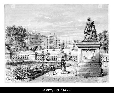 Royal Palace of Brussels in Brussels, Belgium, drawing by Barclay based on a photograph by Levy, vintage illustration. Le Tour du Monde, Travel Journa Stock Photo