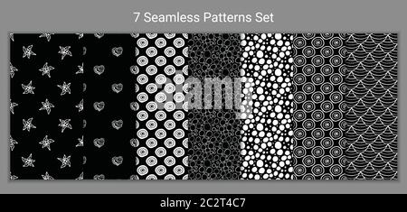 Set of 7 monochrome seamless patterns with hand drawn doodle flowers, circles, scale. Stock vector Stock Vector