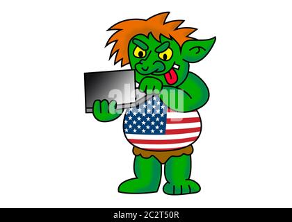 America internet troll. Funny cartoon illustration of green USA computer hacker with t-shirt like the American flag. Image isolated on white backgroun Stock Photo