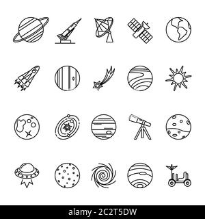 Space exploration icons collection in line style. Spaceship, Solar system planets, rocket and other symbols isolated on white background. Vector illus Stock Vector