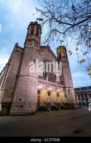 University of Adelaide's historic Bonython Hall illuminated at night on a cloudy day Stock Photo