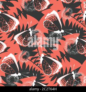 Colorful floral seamless pattern with butterfly and dandelion flowers and leaves on gray background. Stock vector Stock Vector