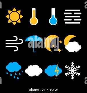 Flat style weather icons isolated on black background. Symbols of sun, moon, wind and more. Vector illustration. Stock Vector