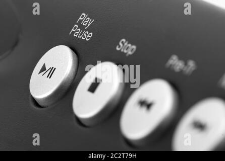 Close-up view of multimedia computer keyboard. Focus on play/pause button Stock Photo