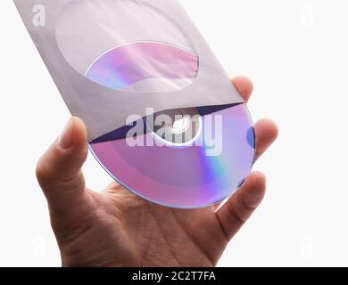 hand holding white blank CD DVD disk Stock Photo