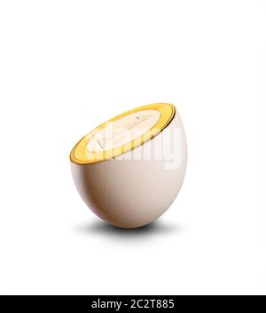 Golgen coin in the egg isolated on white Stock Photo