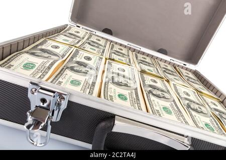Open case full of dollars cash isolated on white background Stock Photo