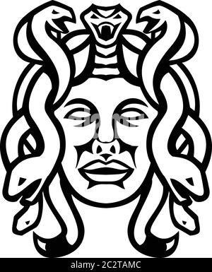 Black and white illustration of head of Medusa, in Greek mythology, a monster, a Gorgon, described as a winged human female with living venomous snake Stock Vector