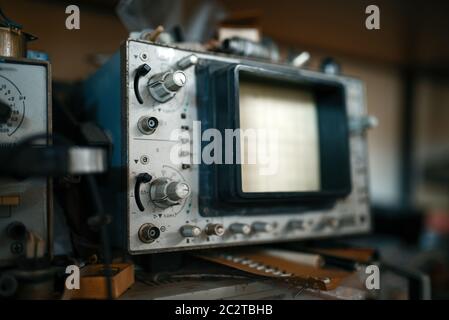 Electrical testing tools in laboratory, oscilloscope, nobody. Lab equipment, electronic measurement devices, engineering workshop Stock Photo