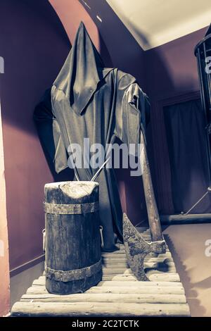 Execution axe, museum in Prague, Czech Republic. The inquisition instrument of dark ages. Famous european place for travel and tourism Stock Photo