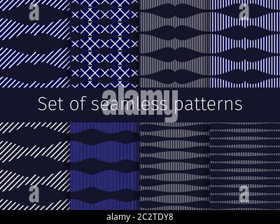Geometric set of seamless patterns with striped shapes.  Linear ornament for promotional products, wrapping paper and printing. Vector illustration Stock Vector