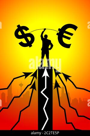 Silhouette of businessman lifting financial barbell at sunset Stock Photo