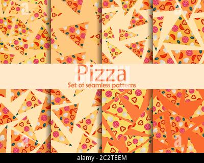 Pizza slices seamless pattern set. Italian cuisine, collection of backgrounds for promotional products, wrapping paper and printing. Vector illustrati Stock Vector