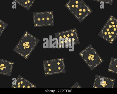 Playing cards seamless pattern. Original design black with gold color. Casino poker cards for promotional products, wrapping paper and printing. Vecto Stock Vector