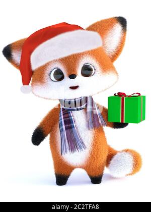 3D rendering of an adorable cute happy furry cartoon fox wearing a Santa hat and scarf, holding a Christmas gift. White background. Stock Photo