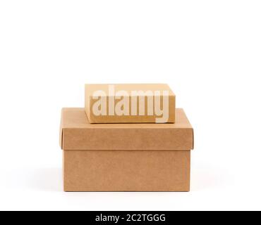 two brown cardboard boxes on a white background,  close up Stock Photo