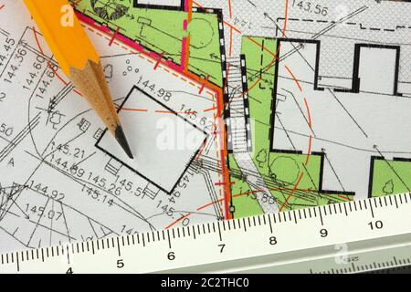 Pencil and ruler on architectural general plan Stock Photo