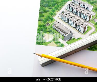 Pencil and ruler on architectural design of townhouses Stock Photo