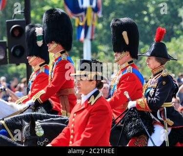 Princess Anne, Princess Royal, and Prince Andrew, on horse in uniform at Trooping The Colour parade, London, UK Stock Photo