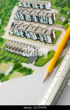 Pencil and ruler on architectural design of townhouses Stock Photo