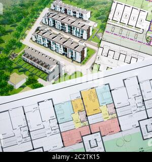 Architectural project - general plan, perspective view and floor plan Stock Photo