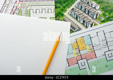 Architectural project - general plan, perspective view and floor plan with space for your text Stock Photo