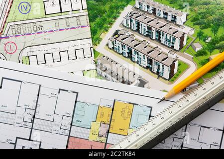 Architectural project - general plan, perspective view and floor plan Stock Photo