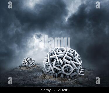 Random letters forming a sphere on the ground at cloudy weather Stock Photo