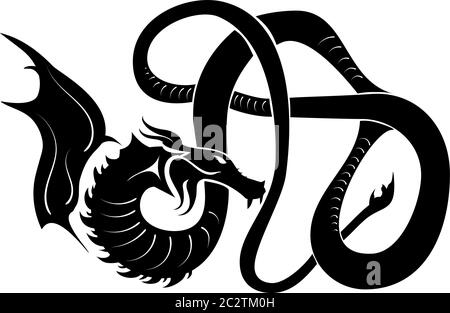 Illustration abstract decoration black dragon silhouette. Vector mythological or indigenous tribal Japanese Chinese Asian dragon tattoo. Magic beast Stock Vector