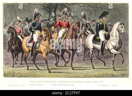 HYDE PARK REVIEW 1814 from left: Duke of Wellington (on black horse),  Frederic William III of Prussia, Prince Regent (later George IV), Alexander I of Russia. Stock Photo