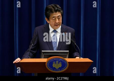 Tokyo, Japan. 18th June, 2020. Japan's Prime Minister Shinzo Abe speaks during a press conference at the prime minister's official residence. Credit: Rodrigo Reyes Marin/ZUMA Wire/Alamy Live News