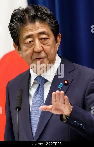 Tokyo, Japan. 18th June, 2020. Japan's Prime Minister Shinzo Abe speaks during a press conference at the prime minister's official residence. Credit: Rodrigo Reyes Marin/ZUMA Wire/Alamy Live News