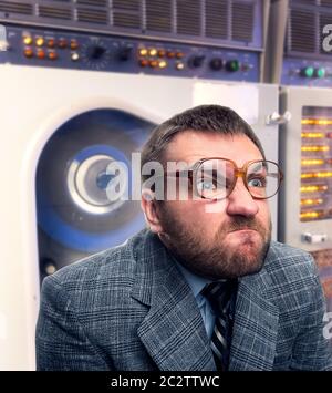 Close up of agressive bearded nerd in glasses Stock Photo