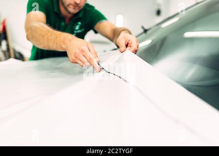 Professional car paint protection film installation process. Worker hands prepares protect coating against chips and scratches Stock Photo