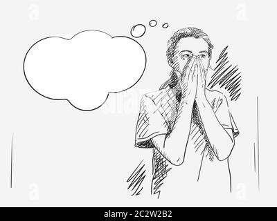 Sketch of girl covered her mouth and nose with her hands and thinking with thought bubble, Vector hand drawn illustration with cross hatched shades Stock Vector