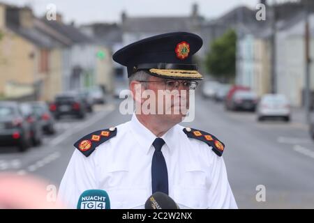 Garda Commissioner Drew Harris speaking to the media at the scene in Castlerea, Co Roscommon, where Detective Garda Colm Horkan died after being shot on Wednesday night. Gardai have detained a man in connection with the incident.