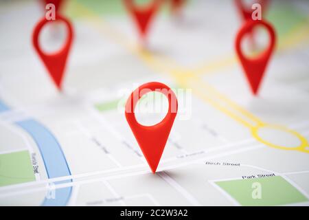 Close-up Of A Road Map With Red Navigation Icons Stock Photo