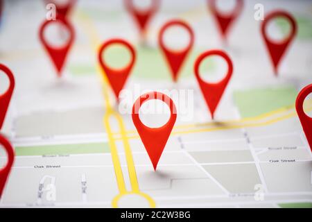 Close-up Of A Road Map With Red Navigation Icons Stock Photo