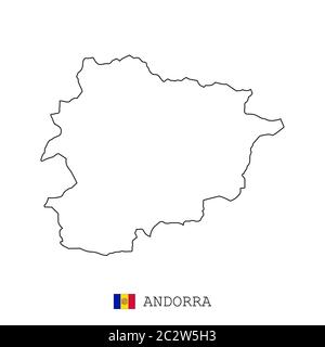 Andorra map line, linear thin vector simpl outline e and flag. Black on white background Stock Vector